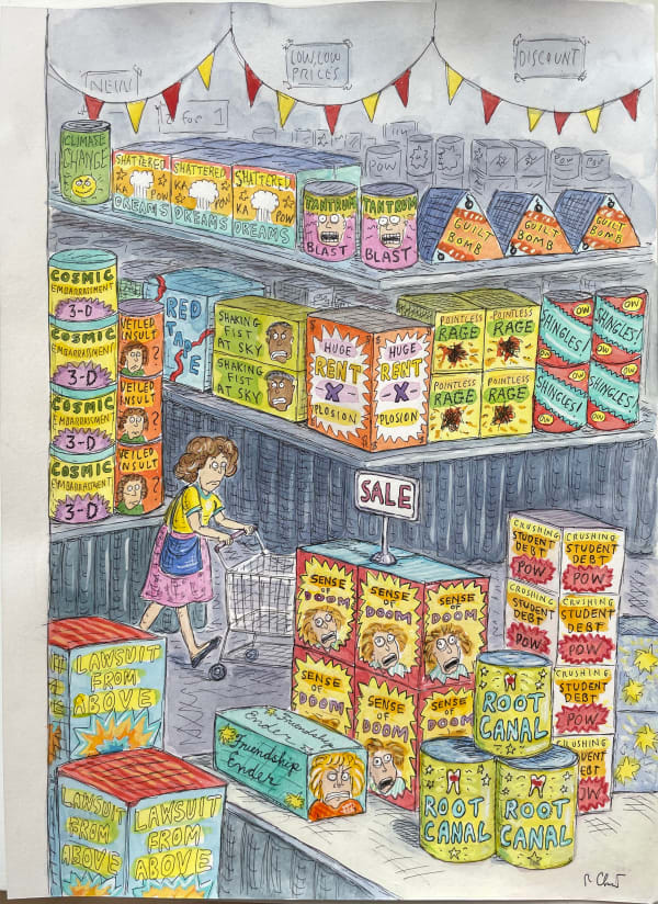 A woman shops in a megastore filled with anxiety-inducing fare.