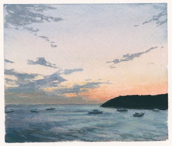 watercolor of ocean and sunset sky