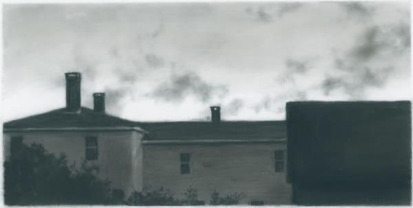 charcoal drawing of house against the sky