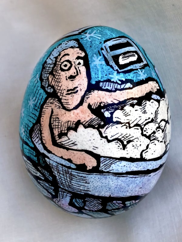 Roz Chast Man in Tub, 2020 eggshell, dye and polyurethane 2.25 x 1. 625 inches (CHAST 157)