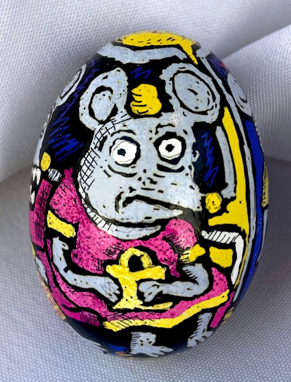 dyed egg showing lady rat on subway