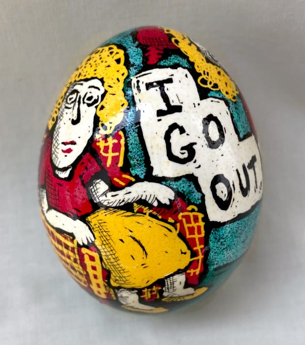 Roz Chast I Go Out, 2020 eggshell, dye and polyurethane 2.25 x 1. 625 inches (CHAST 40)