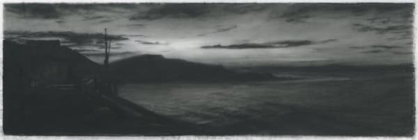 Dozier Bell Dock, evening, 2020 charcoal on Mylar 2.5 x 7.5 inches (BELL 26)