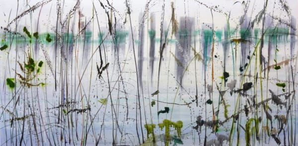 abstracted image of pond in blues and greens