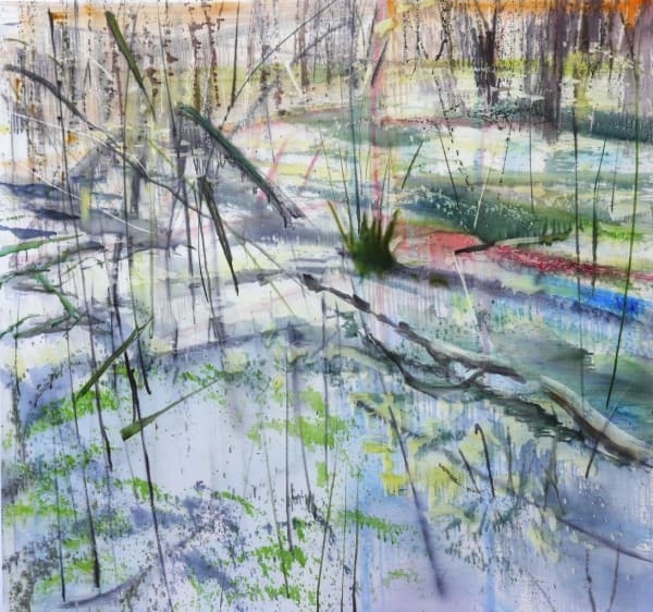 abstracted image of pond in blue, and purple