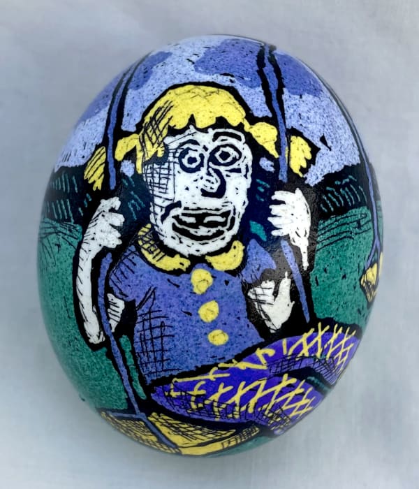 Roz Chast Girl on a Swing, 2020 eggshell, dye and polyurethane 2.25 x 1. 625 inches (CHAST 251)