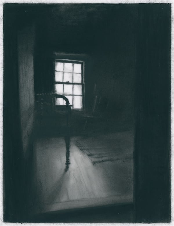 charcoal drawing of bare room interior with bedstead and chair