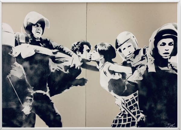 “Shakespeare in Love”, mixed media street art styled artwork on recycled card stock by Swiss artist, BYĆ. Available at Carousel Fine Art, Atlanta art gallery in Buckhead Village.