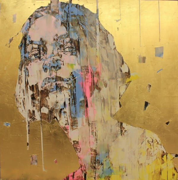 “The Gold Experience 803”, painting by Marco Grassi artist from Italy. Available at Carousel Fine Art Atlanta. The artist's technique oil on aluminum dibond + metallic gold leaf involves mastering his unique portraiture that combines Baroque influences with modern surrealism. His signature use of gold leaf and bold, colorful brushstrokes creates striking contrasts, adding emotional depth and dimensionality to his work. Colors of this work : Gold, Blue, Pink, Yellow, Green, Brown, Beige, Black