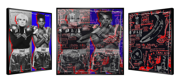 “Waba”, mixed media kinetic artwork by Patrick Rubinstein artist from France. Available at Carousel Fine Art Atlanta. The artist’s technique layers and fuses images on panels, creating an illusion of movement as the viewer shifts their perspective. These three-dimensional works blend Pop art with Optical and Kinetic art, characterized by vibrant, eclectic imagery that often includes iconic figures and symbols from popular culture, cinema, and history. Colors of this work : Blue, Red, White, Grey, Black