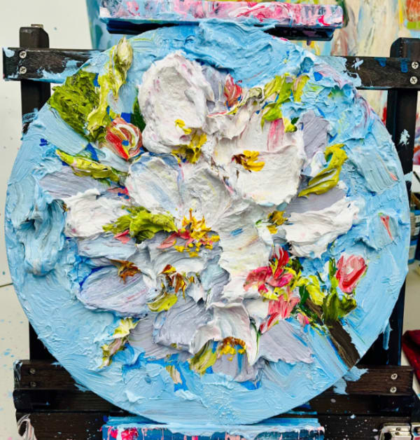 "White Cherry” painting by Eric Alfaro artist from Cuba, based in the United States. Available at Carousel Fine Art Miami. The artist’s technique transforms acrylic paint with his spatula into unforgettable imagery. His impasto texture captivates, while his use of color and contrast adds striking depth. Colors of this work : Blue, Green, Brown, Magenta, Pink, Yellow, Orange, Grey, White