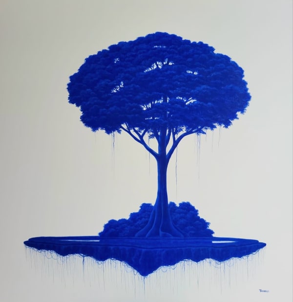 “Floating Island In Blue", painting by Thannyo De Freitas artist from Panama. Available at Carousel Fine Art Atlanta.