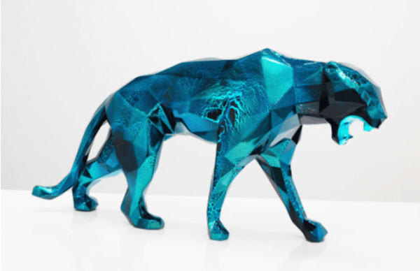 “Panther - Chrome Cracked Turquoise”, sculpture by Richard Orlinski artist from France. Available at Carousel Fine Art Atlanta.
