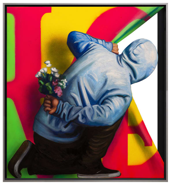 “Where Is The Love?”, mixed media painting by Hijack artist from LA. Available at Carousel Fine Art Chicago. The artist’s technique, using oil and spray paint, is a revelation in street art. He has crafted a persona inspired by the spirit of music and the poetry of everyday moments, creating colorful and meaningful perspectives on life. Colors of this work : Blue, Red, Pink, Brown, Green, Yellow, Beige, Grey, Black, White