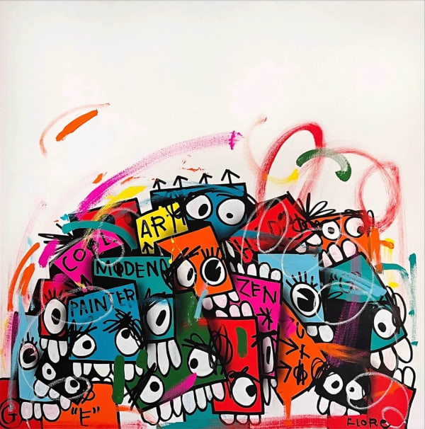 “Modern Painter”, painting by Flore artist from Brooklyn, based between Florida and NY. Available at Carousel Fine Art Chicago. The artist's technique combines acrylic on canvas with a blend of pop and street art. Layered words and hidden meanings reveal society's complexities, while the vibrant colors invite viewers to explore and interpret the unfolding story. Colors of this work : Red, Magenta, Blue, Green, Orange, Teal, Yellow, Black, White