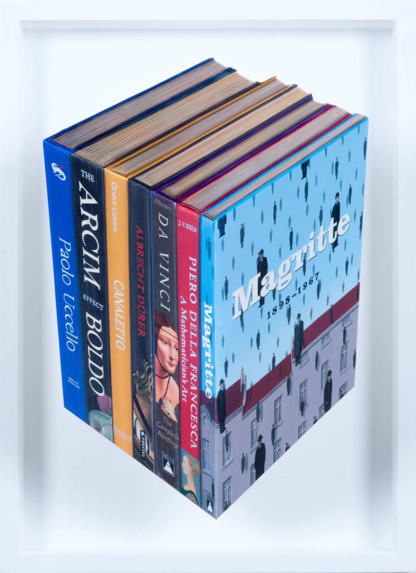 “Book Mark” is a mind-bending technique that merges painting and sculpture artwork by British artist Patrick Hugues. Available at Carousel Fine Art, Atlanta.