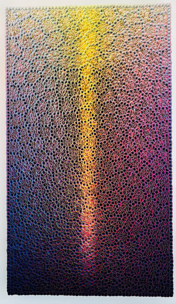 “Enchanting”, mixed media kinetic artwork by Zhuang Hong Yi artist from China. Available at Carousel Fine Art Chicago. The artist's technique uses acrylic on fine rice paper mounted on canvas. Known for his "flowerbed" paintings, Zhuang folds colored rice paper into tiny blossoms, creating a dynamic effect where colors seem to flow and transform as the viewer moves around the artwork. Colors of this work : Purple, Blue, Magenta, Pink, Orange, Green, Yellow, White