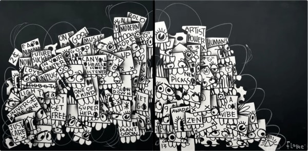 “Into Space”, Diptych painting by Flore artist from Brooklyn, based between Florida and NY. Available at Carousel Fine Art Chicago. The artist's technique combines acrylic on canvas with a blend of pop and street art. Layered words and hidden meanings reveal society's complexities, while the vibrant colors invite viewers to explore and interpret the unfolding story. Colors of this work : Black, White