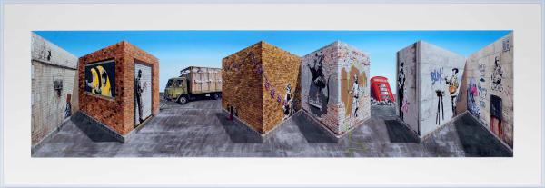 “Banksi” is a mind-bending technique that merges painting and sculpture artwork by British artist Patrick Hugues. Available at Carousel Fine Art, Atlanta.