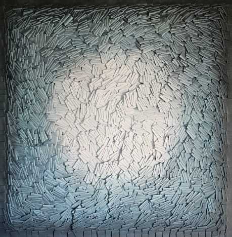 "Green Silence of the Soul" fusion of textile art and mixed media artwork by Rodrigo Franzao, a Brazilian artist currently based in the United States. Available at Carousel Fine Art.