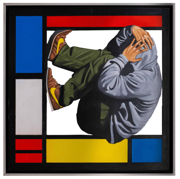 “Growing Pains”, mixed media painting by Hijack artist from LA. Available at Carousel Fine Art Atlanta. The artist’s technique, using oil and spray paint, is a revelation in street art. He has crafted a persona inspired by the spirit of music and the poetry of everyday moments, creating colorful and meaningful perspectives on life. Colors of this work : Blue, Red, Brown, Green, Yellow, Beige, Grey, Black, White