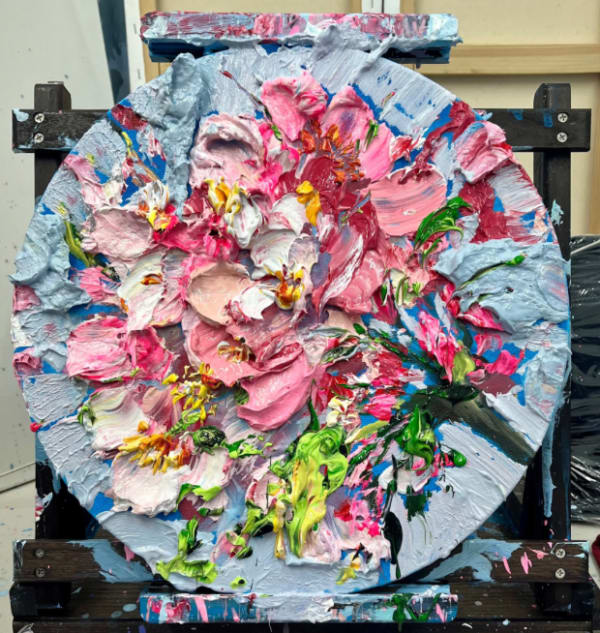 "Rose Cherry” painting by Eric Alfaro artist from Cuba, based in the United States. Available at Carousel Fine Art Miami. The artist’s technique transforms acrylic paint with his spatula into unforgettable imagery. His impasto texture captivates, while his use of color and contrast adds striking depth. Colors of this work : Blue, Green, Magenta, Pink, Yellow, Orange, Black, White