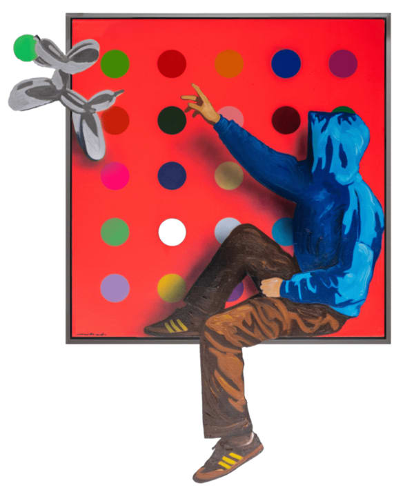 “Fetching Ideas”, mixed media painting by Hijack artist from LA. Available at Carousel Fine Art Chicago. The artist’s technique, using oil and spray paint, is a revelation in street art. He has crafted a persona inspired by the spirit of music and the poetry of everyday moments, creating colorful and meaningful perspectives on life. Colors of this work : Blue, Red, Magenta, Purple, Burgundy, Pink, Brown, Green, Yellow, Beige, Grey, Black, White