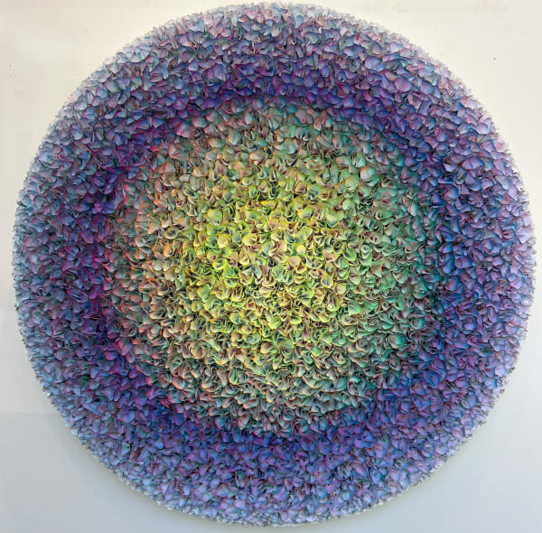 “Mesmerizing Purple”, mixed media kinetic artwork by Zhuang Hong Yi artist from China. Available at Carousel Fine Art Chicago. The artist's technique uses acrylic on fine rice paper mounted on canvas. Known for his "flowerbed" paintings, Zhuang folds colored rice paper into tiny blossoms, creating a dynamic effect where colors seem to flow and transform as the viewer moves around the artwork. Colors of this work : Purple, Blue, Magenta, Pink, Orange, Green, Yellow, White
