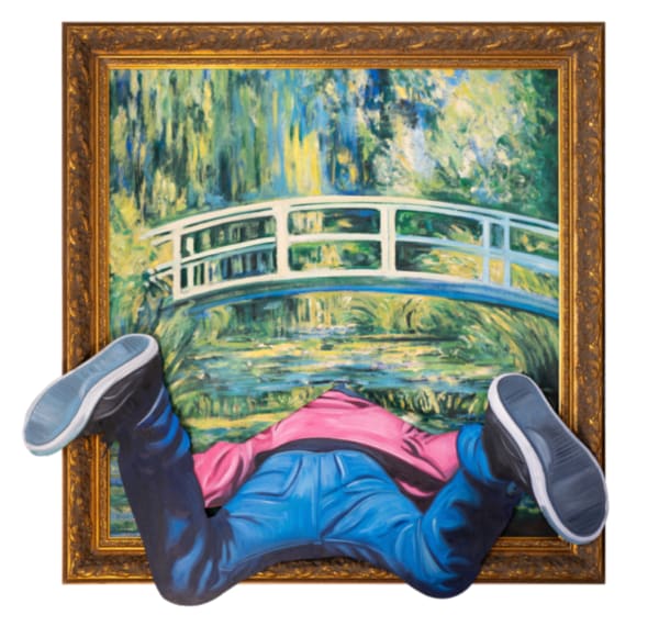 “Dive In”, mixed media painting by Hijack artist from LA. Available at Carousel Fine Art Atlanta. The artist’s technique, using oil and spray paint, is a revelation in street art. He has crafted a persona inspired by the spirit of music and the poetry of everyday moments, creating colorful and meaningful perspectives on life. Colors of this work : Blue, Pink, Brown, Green, Yellow, Gold, Grey, Black, White