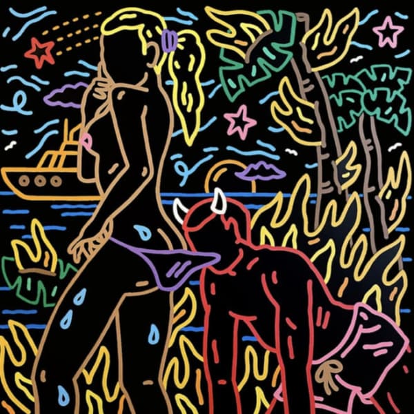 “All Dogs Go To Heaven” , painting by Chance Cooper artist from United States, based in LA. Available at Carousel Fine Art Miami. The artist's technique with oil on canvas celebrates the sacred art of storytelling, with each painting evoking the sense of a page torn from one’s life. His work is recognized as a playground where his characters reveal their existential secrets. Colors of this work : Blue, Green, Purple, Pink, Orange, Red, Yellow, Brown, Black, White
