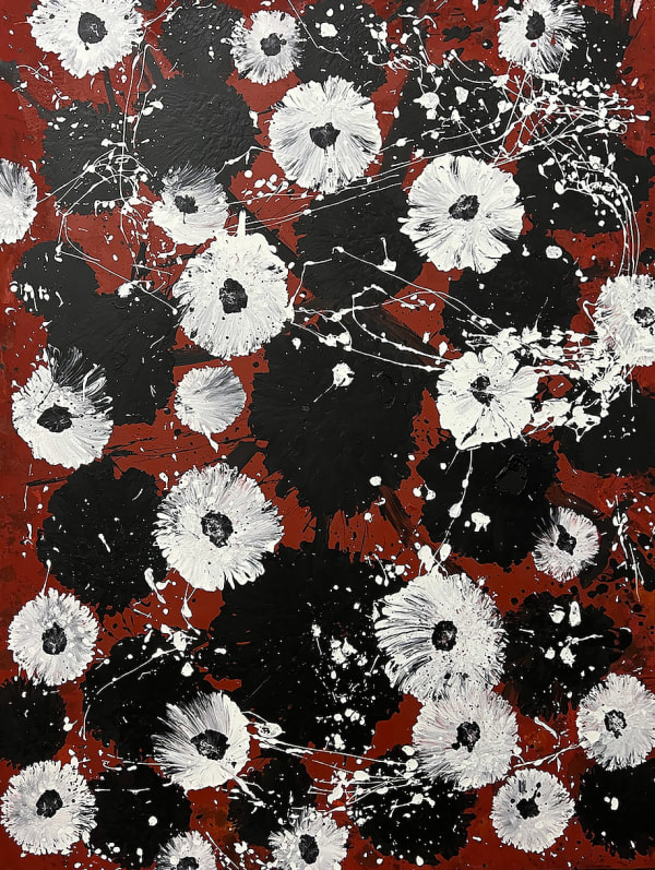 “Flores Blancas”, painting by Jorge Luis Santos artist from Cuba, based in Miami. Available at Carousel Fine Art Atlanta. The artist's technique is known for visceral and monumental creations. Santos masterfully uses acrylic on canvas to explore themes of individuality, emotion, and the abstract nature of existence. Whether using unconventional tools like a brush on a pole, a shoe sole, or a mop, his work always maintains intentionality and depth. Colors of this work : Burgundy, White, Black