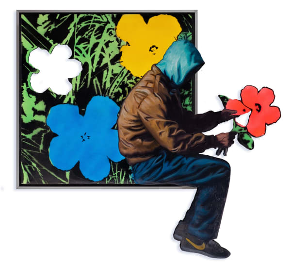 “They Love Me, They Love Me Not”, mixed media painting by Hijack artist from LA. Available at Carousel Fine Art Chicago. The artist’s technique, using oil and spray paint, is a revelation in street art. He has crafted a persona inspired by the spirit of music and the poetry of everyday moments, creating colorful and meaningful perspectives on life. Colors of this work : Blue, Red, Brown, Green, Yellow, Beige, Grey, Black, White