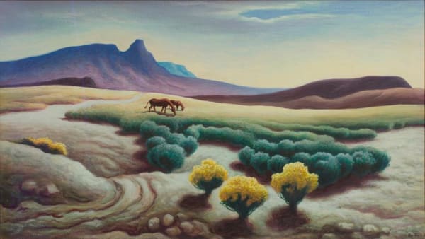 Two Horses Grazing In A Desert Landscape