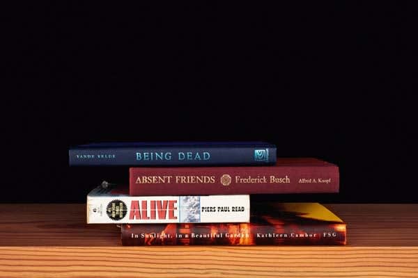 Nina Katchadourian, Being Dead from the series Family Gathering, 2013 ("Sorted Books" project, 1993-ongoing), 2013