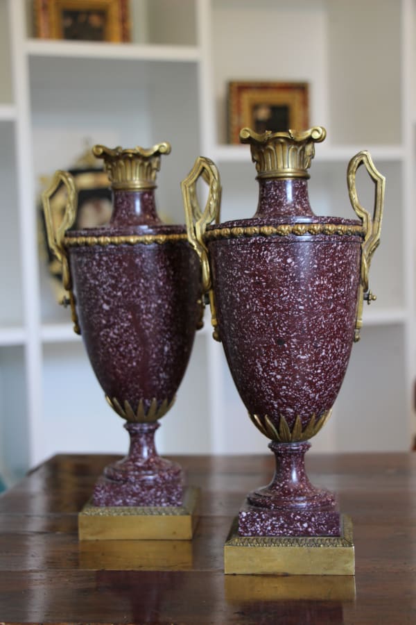PAIR OF FRENCH PORPHYRY AND GILT BRONZE VASES, early 19th Century