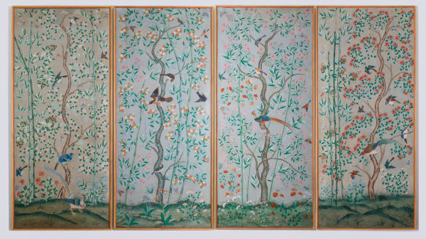 FOUR PANELS PAINTED WITH FLORAL MOTIFS AND BIRDS, China, 18th Century (for European market)