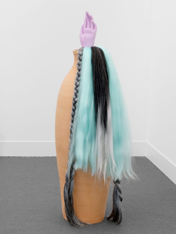 Patricia Domínguez b. 1984Yerbateras CEO, Madre Drone, 2019 Vases made at Talavera de la Reina. hair and plastic handsInstalled 72 x 40 cm 28 3/8 x 15 3/4 in