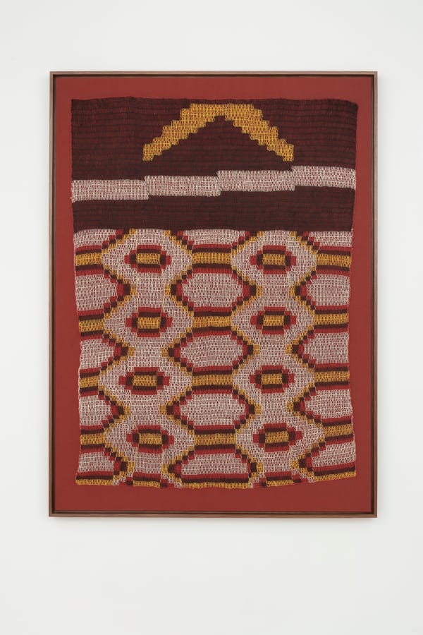 Claudia Alarcón & Silät Nayij ta ihi pule lhäy’e we’la [Camino en el cielo y la luna / Journey in the sky and moon], 2022 Recycled nylon, hand-spun, “yica” stitch Framed: 162 x 119 x 6 cm (63 3/4 x 46 7/8 x 2 3/8 in) Unframed: 158 x 114.7 cm (62 1/4 x 45 1/8 in) Mariela Pérez, Fermina Pérez. Comunidad La Puntana, Santa Victoria Este, Salta.