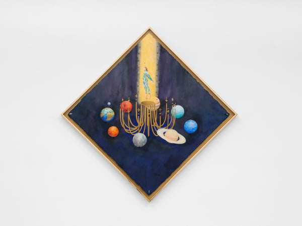 Patricia Domínguez Busco a mi partícula entrelazada. No sé si esta en Andrómeda o en una rueda de auto [I’m looking for my entangled particle. I don't know if it's in Andromeda or in a car wheel?], 2024 Watercolour and gemstones on paper Framed: 62.2 x 62.2 cm (24 1/2 x 24 1/2 in)