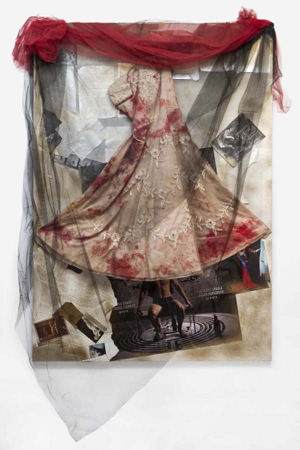 Francisco COPELLO Untitled, 2006 Painting on canvas, spray paint, manuscript sheets, photographs, poster, magazine clippings, dress with red paint, black and red tulle 170 x 120 x 2.5 cm