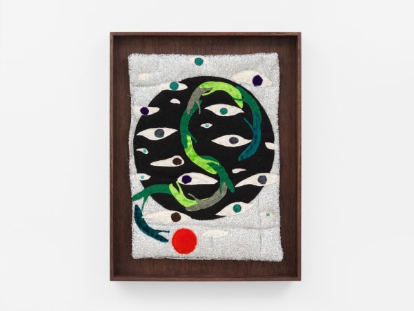 Fátima Rodrigo Eyes, 2024 Quilted fabric, appliqué embroidery and sequins Framed: 47 x 36 cm (18 1/2 x 14 1/8 in) Unframed: 39 x 29 cm (15 3/8 x 11 3/8 in)