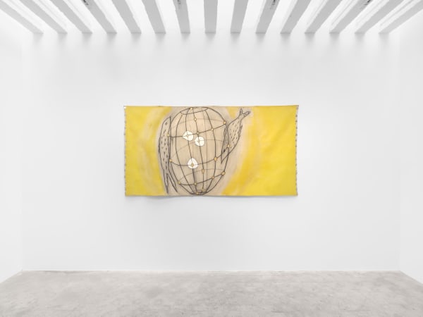 José Leonilson Untitled, 1987 Acrylic paint, metallic paint and coloured pencil on canvas, thread, copper wire and metal tokens 110 x 212 cm 43 1/4 x 83 1/2 in