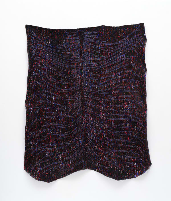 Esteban Ramón Pérez Three Shadows of Blue, 2025 Leather, acrylic, nylon and steel 63 x 50 1/2 inches (160 x 128.3 cm)