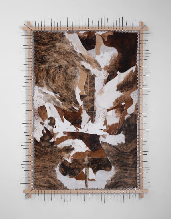 Esteban Ramón Pérez Painting a Man by His Corpse, 2025 Hair on hide leather, steel, nylon and artist's frame 88 x 64 inches (223.5 x 162.6 cm)