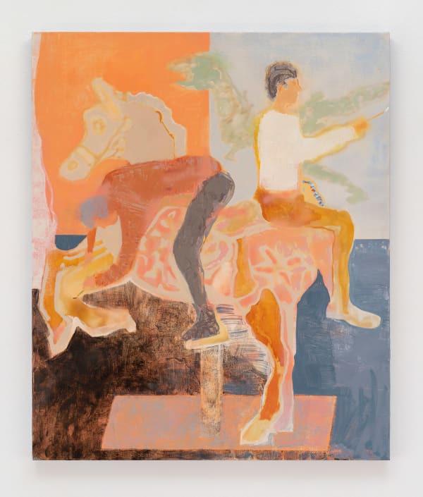 Sam Bornstein Carousel Painters, 2022 Acrylic, acrylic ink, airbrush, tinted gesso and oil on linen 36 x 30 inches (91.4 x 76.2 cm)