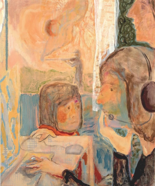 Sam Bornstein Telemarketer, 2018 Oil, acrylic, screenprint and airbrush on linen 24 x 20 in (61 x 50.8 cm)