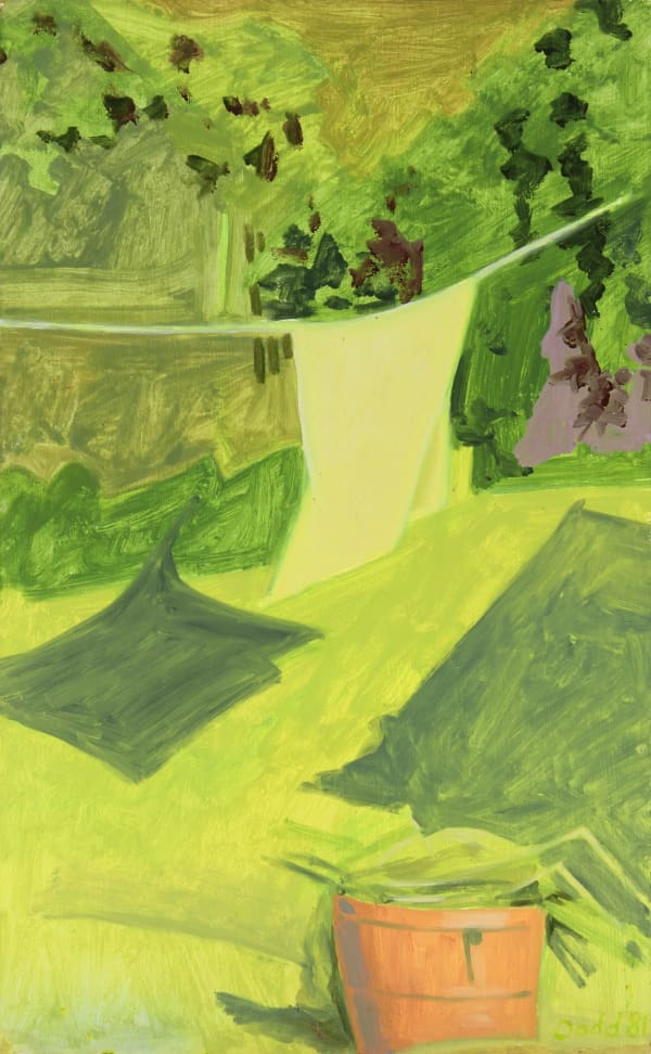 Lois Dodd Clothesline + Bushel Basket, 1981 Oil on Masonite 16 x 9 7/8 inches (40.6 x 25.1 cm)