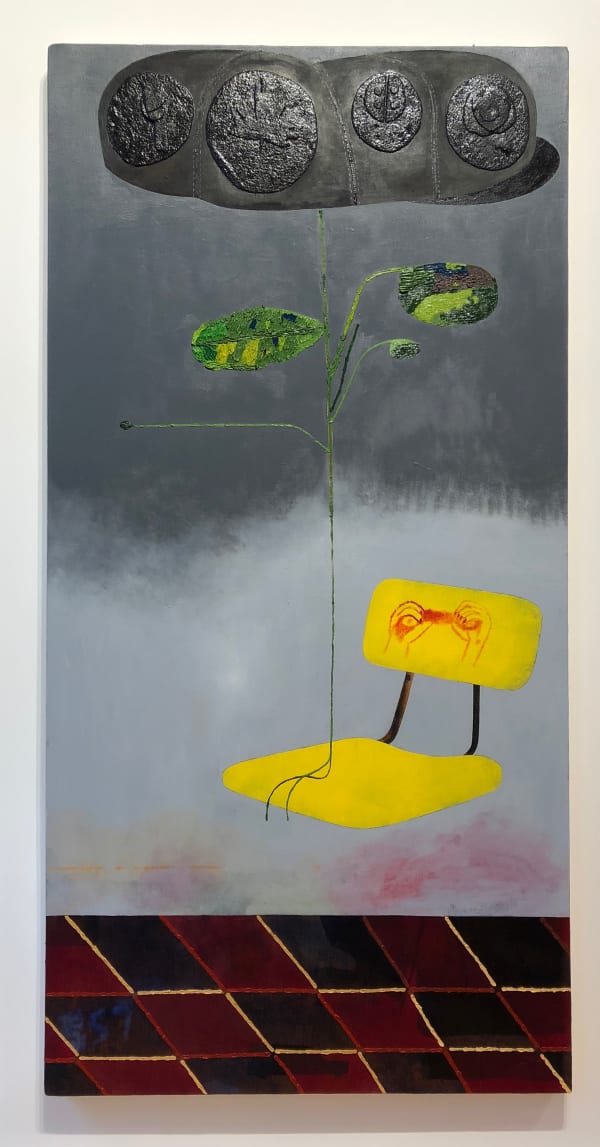 Kenny Rivero I Sit with my Hat and I Cross my Legs (State Bird, State Tree, State Bug, State Flower), 2018 Oil and felt on canvas 60 x 30 in (152.4 x 76.2 cm)