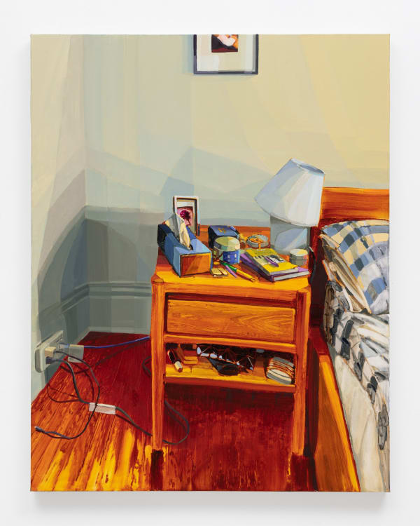 Keiran Brennan Hinton Bedside Table, 2023 Oil on linen 56 x 44 inches (142.2 x 111.8 cm)