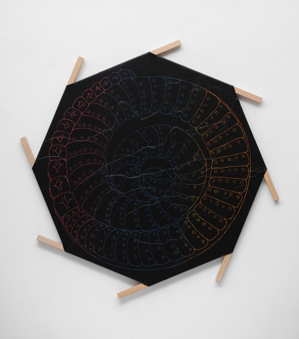 Esteban Ramón Pérez Torcido (Mortal Coil), 2025 Leather, acrylic, nylon and artist's frame 72 x 72 inches (182.9 x 182.9 cm)